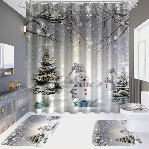 Christmas Snowman Shower Curtain Set - Winter Bathroom Decor, 4 Pieces