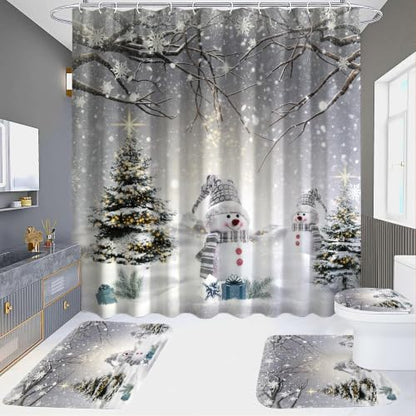 Christmas Snowman Shower Curtain Set - Winter Bathroom Decor, 4 Pieces