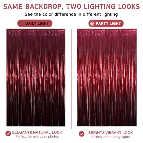 Burgundy Red Foil Fringe Curtain Backdrop - 2 Pack, 3.3x6.6 ft, Matte Finish, Indoor Party Decor