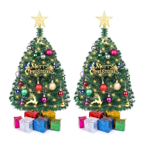 Mini Christmas Tree with Lights - 2 Ft Tabletop Holiday Tree Set of 2, Green