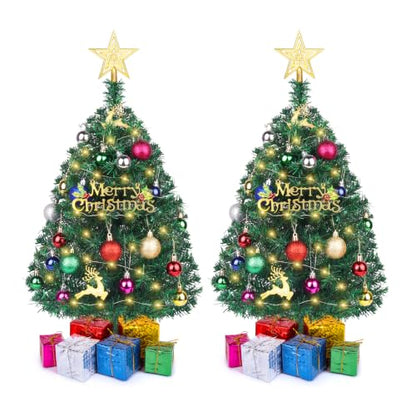 Mini Christmas Tree with Lights - 2 Ft Tabletop Holiday Tree Set of 2, Green