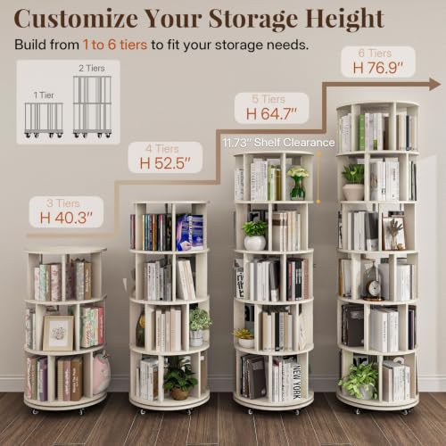 6-Tier Rotating Bookshelf Tower - Vintage White 360° Spin Storage