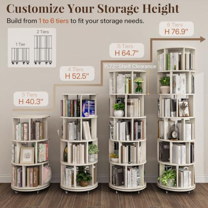 6-Tier Rotating Bookshelf Tower - Vintage White 360° Spin Storage