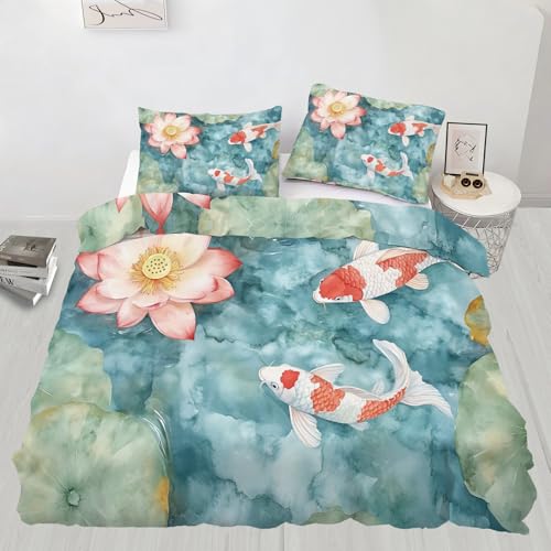 Koi Fish Duvet Cover Cal King Watercolor Lotus Bedding Set 3 Piece - Variation 54