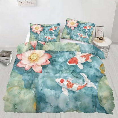 Koi Fish Duvet Cover Cal King Watercolor Lotus Bedding Set 3 Piece - Variation 54
