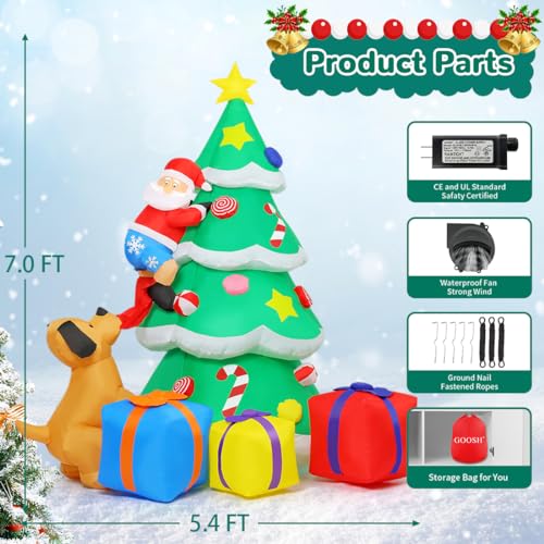 7 FT Inflatable Christmas Tree with LED Lights, Outdoor Yard Decor, Claus & Gift Boxes
