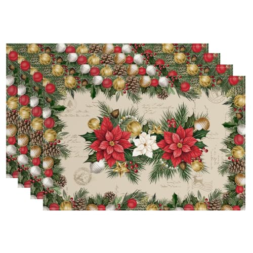 Christmas Poinsettia Placemat Set of 4 - 12x18 Inch Holiday Table Decor