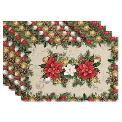 Christmas Poinsettia Placemat Set of 4 - 12x18 Inch Holiday Table Decor
