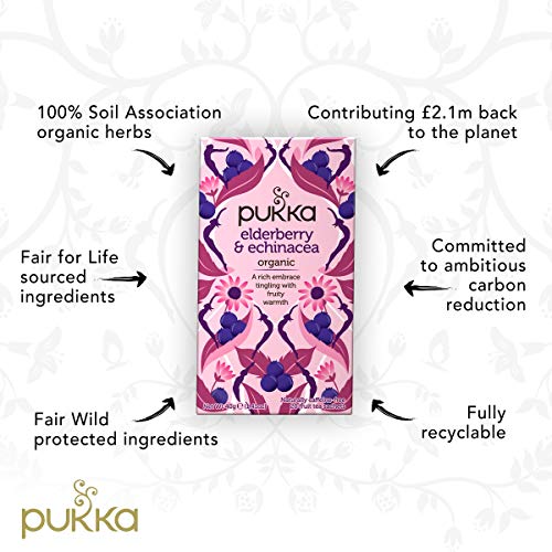 Pukka Organic Tea Bags, Elderberry & Echinacea Herbal Tea, Perfect for Wellness Support, 20 Count (Pack of 3) 60 Tea Bags