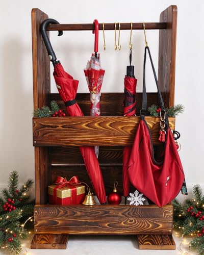 Vintage Charred Pine Wooden Umbrella Stand with 5 Hooks & Drip Tray - Entryway Organizer