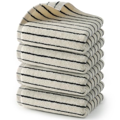 Black and White Striped Cotton Hand Towels Set - 4 Pack, 13 x 30 Inches