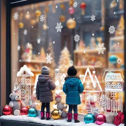 Extra Large Christmas Window Clings 4.3 Ft White House Snowflake Window Stickers Double-Sided Glass Decals for Winter Xmas Home Classroom Office Party Decoration