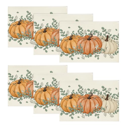 12x18 Inch Fall Placemats Set of 6 - Orange Pumpkin Eucalyptus Seasonal Table Decor