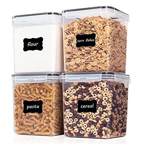 Vtopmart Food Storage Containers 4.3L / 145.4oz, 4 Pieces BPA Free Plastic Airtight Food Storage Containers for Flour, Sugar, Baking Supplies, with 4 Measuring Cups and 24 Labels,Black