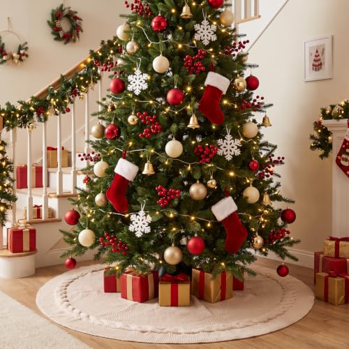 Benjia 48 Inch Knitted Christmas Tree Skirt Red 120cm Rustic Holiday Decor