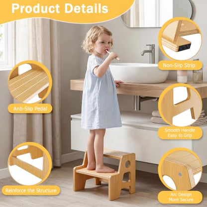 Wooden 2 Step Stool for Kids - Non-Slip Toddler Step Ladder with Handle - Oak1 Variation