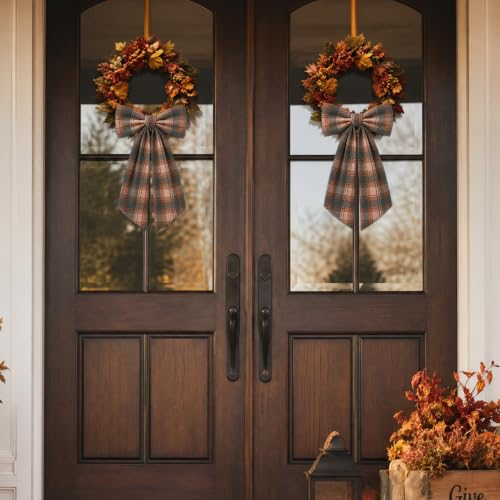 Orange-Brown Plaid Fall Wreath Sash Set for Front Door Autumn Decor - 2 Pieces