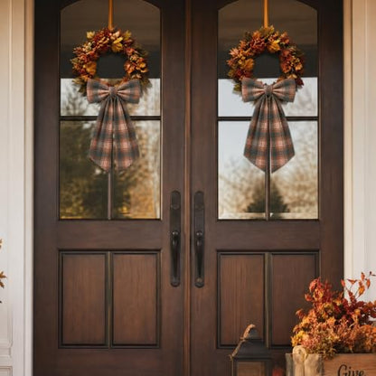 Orange-Brown Plaid Fall Wreath Sash Set for Front Door Autumn Decor - 2 Pieces