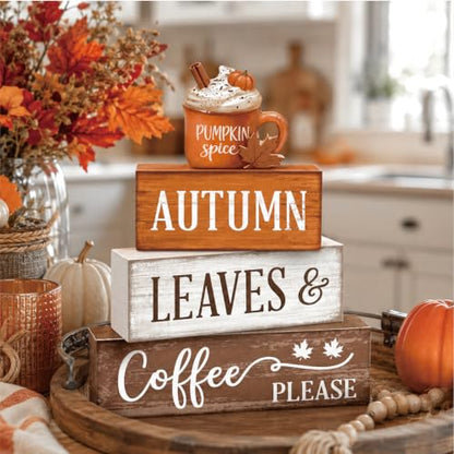 Fall Tiered Tray Decor Set with Pumpkin Latte - Wooden Autumn Decorations