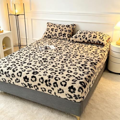 Plush Shaggy Queen Fitted Sheet with Deep Pockets - Leopard Print Tan Variation of Queen