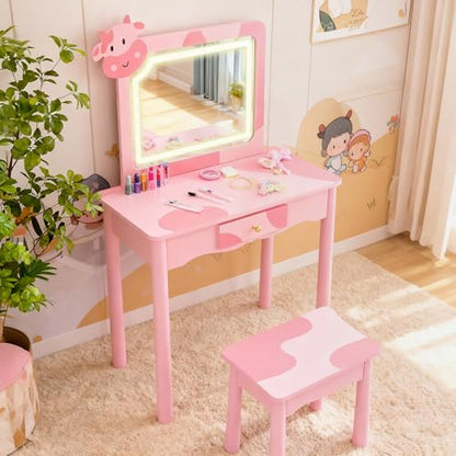 Kids Vanity Set with LED Mirror & Cow Shape - Pink with Cow Pattern