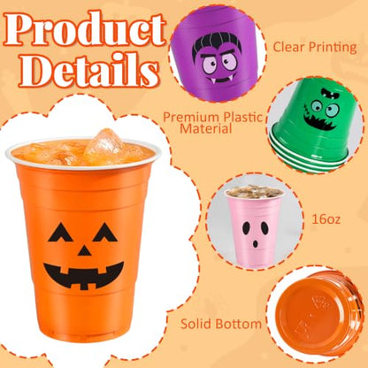 Multicolor 16oz Halloween Plastic Cups with Lids & Straws - Pack of 50