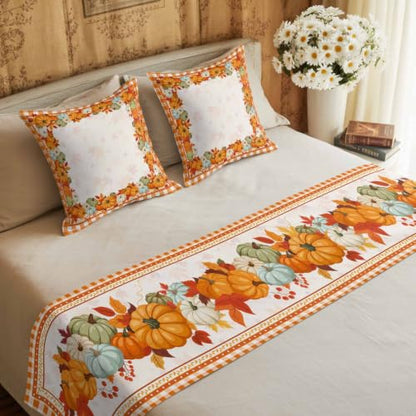 Fall Bed Runner with Matching Pillow Covers - Cal King Size 102x20 Orange Maple Leaves & Pumpkin Decor