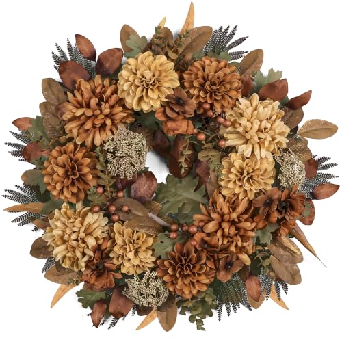 24-Inch Fall Wreath with Mums Dahlias Queen Anne's Lace - Style-5