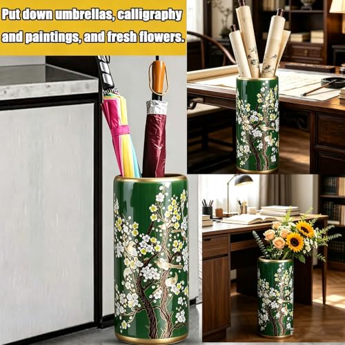 Multicolor Ceramic Umbrella Stand with Hand-Painted Floral Pattern - Green
