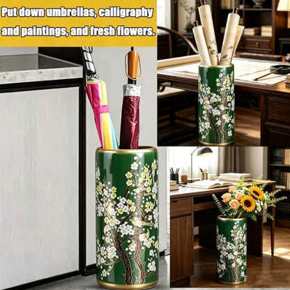 Multicolor Ceramic Umbrella Stand with Hand-Painted Floral Pattern - Green