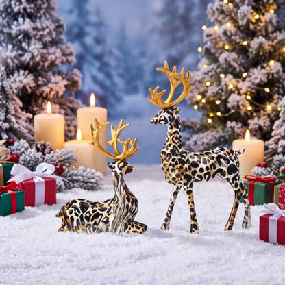 Christmas Leopard Print Reindeer Figurines Set - Holiday Decor, 2 Sizes