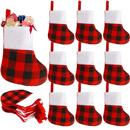 Mini Christmas Stockings Set of 12 - Red Buffalo Plaid Holiday Decor