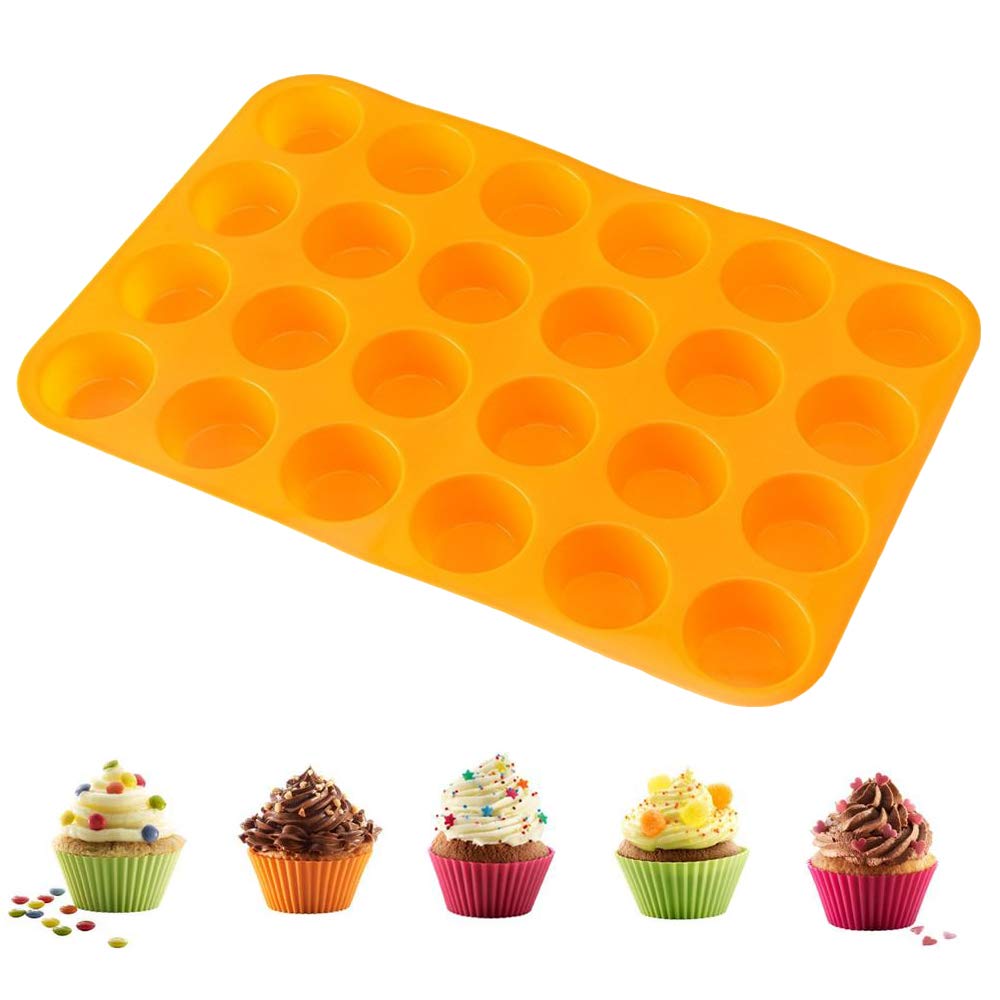 Qtopun Silicone Mini Muffin Pan, 4 Pack 24 Cups Silicone Mold Cups Baking Pan, Silicone Muffin Tins Baking Moulds-Orange