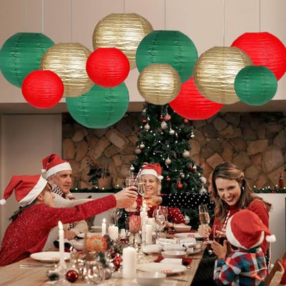 Christmas Red, Green & Gold Paper Lanterns Set of 12 Decorative Hanging Decorations