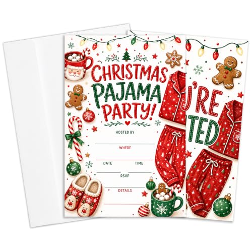 Christmas Pajama Party Invitation Cards - Set of 20 with Envelopes, Vibrant Design