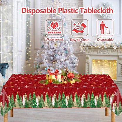 Christmas Tablecloths 2 Pack - Red Holiday Plastic Rectangular Cover 54x108 Inch