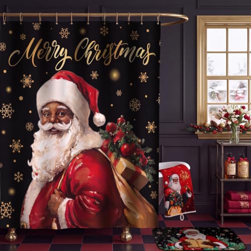 Black Christmas Santa Shower Curtain Set with Rugs and Towels - African American Holiday Decor Variation of THIS listing
