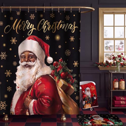 Black Christmas Santa Shower Curtain Set with Rugs and Towels - African American Holiday Decor Variation of THIS listing