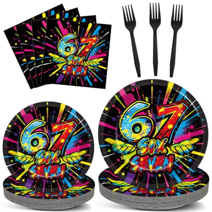 Neon 6 7 Meme Birthday Party Tableware Set for 24 Guests