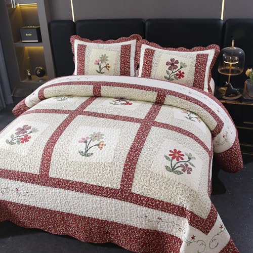 Red Floral Embroidered Cotton Quilt Set with Pillow Shams - Queen