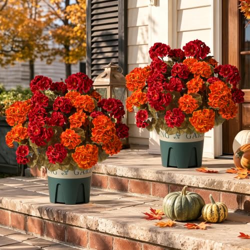 Artificial Geranium Flowers for Outdoors 12-Pack Fall Garden Decor with Red & Orange Variations