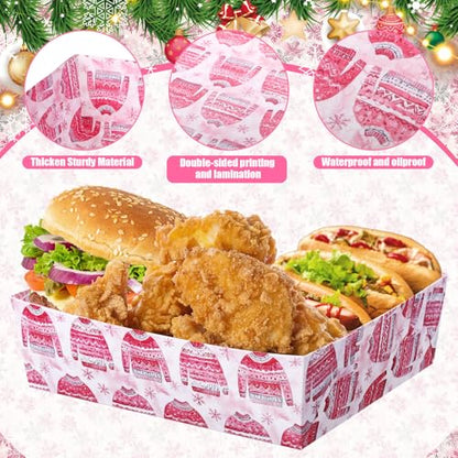 Christmas Pink Paper Food Trays - 36 Pack Disposable Serving Trays for Party