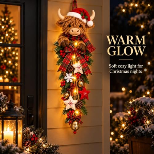 Lighted Highland Cow Christmas Door Swag - Farmhouse Holiday Decor - Orange