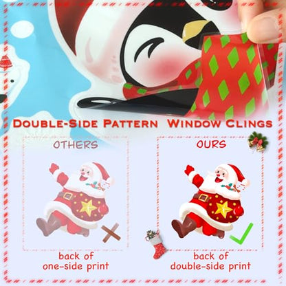 Christmas Window Clings Double-Sided Decor - Santa Snowman Reindeer Penguins & Snowflakes - 6 Sheets for Indoor Outdoor Holiday Scene - Christmas Day