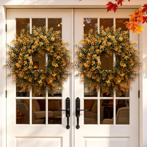 26 Inch Fall Wreath for Front Door with Orange and Green Boxwood - Outdoor Decor