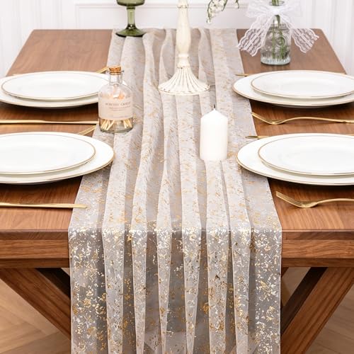 Beige Gold 10ft Sheer Glitter Metallic Gauze Table Runner for Weddings & Events