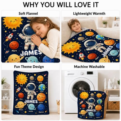 Custom Boys Planet Blanket - White Personalized Flannel Throw for Kids & Teens