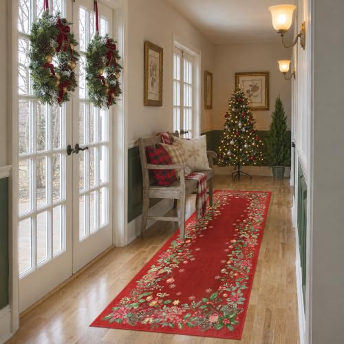 Red Christmas Runner Rug 2.6x8 ft Non-Slip Holiday Indoor Carpet Hallway Entryway