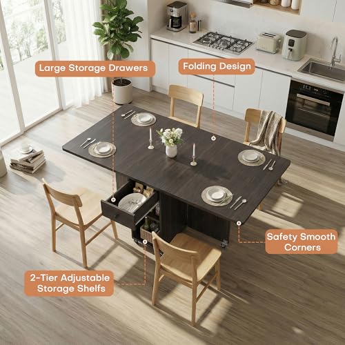 Jocoevol Space Saving Folding Dining Table for 4 - Walnut, Drop Leaf Kitchen Table with Drawer & Storage Shelf, 47.2 x 23.6 inches