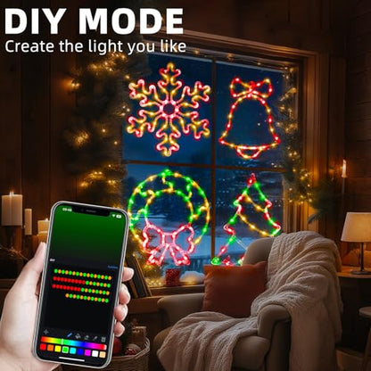 4 Pack Smart Christmas Window Lights with App & Remote RGB DIY Scene Modes